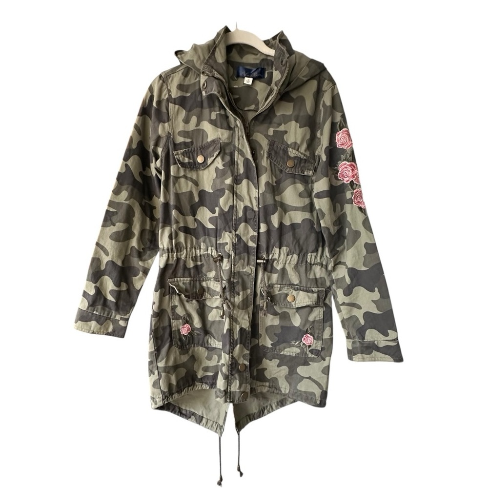 Blue Rain Camouflage Utility Cargo Jacket Pink Floral Embroidery Accent Size Med - Picture 2 of 16